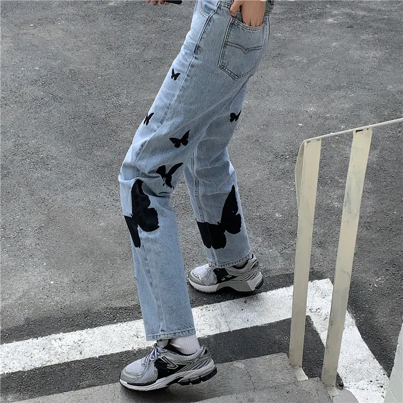 

Women'S Jeans High Waist Straight Oversize Jeans 2021 New Fashion Summer Print Jean Female Streetwear Casual Trousers