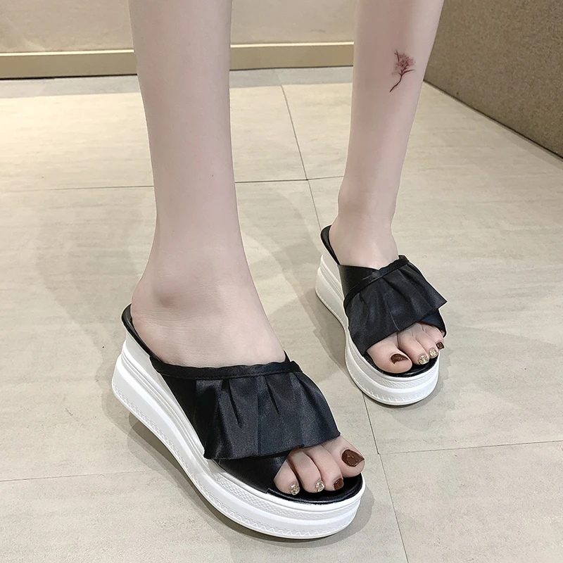 

Shoes Woman 2021 Slippers Heels Platform On A Wedge Luxury Slides Pantofle High Designer New Rome Fashion PU Fabric Cotton