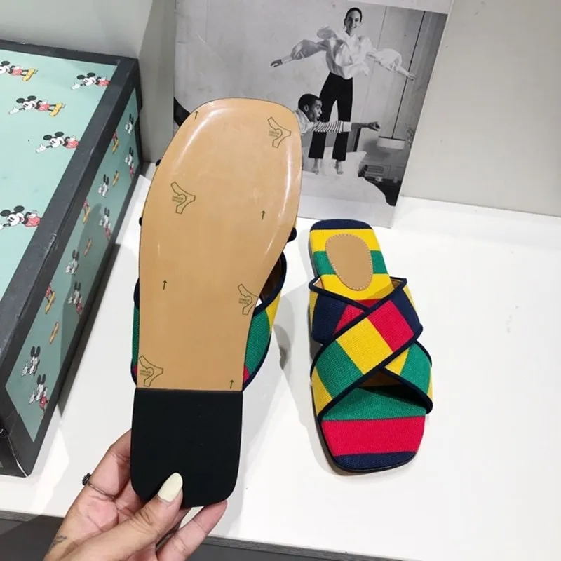 

Mixed Colour Flat Slippers Women Summer New Fashion Square Toe Genuine Leather Ladies Sandals Luxury Designer Womans Shoes