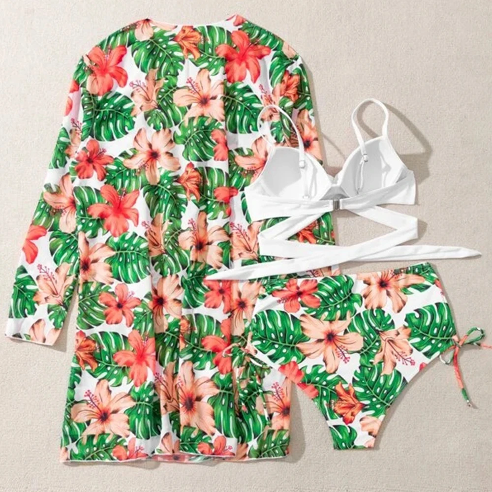 

Printed Bikini Beach Cover Up Women High Waist Swimsuit Female 2021 Sexy Three Pieces Bikini Set Cross Push Up Bathing Suit Swim