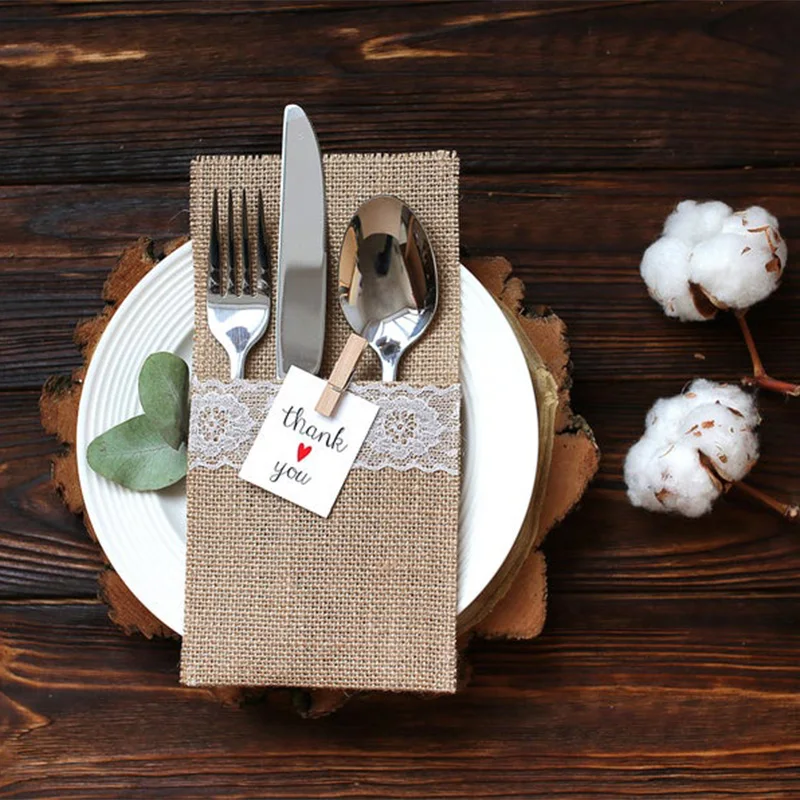 Мешочек из мешковины кружевной вилка нож столовые приборы винтажный в