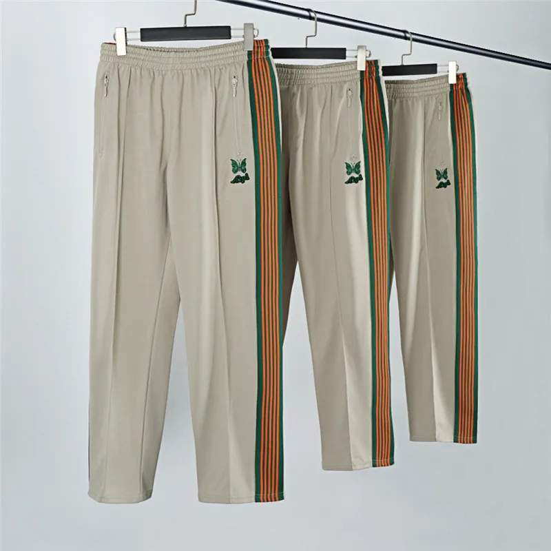

New Butterfly Embroidery AWGE Needles Sweatpants Men Women 1:1 Apricot Ribbon Striped Needles Pants Jogger AWGE Trousers Clothes
