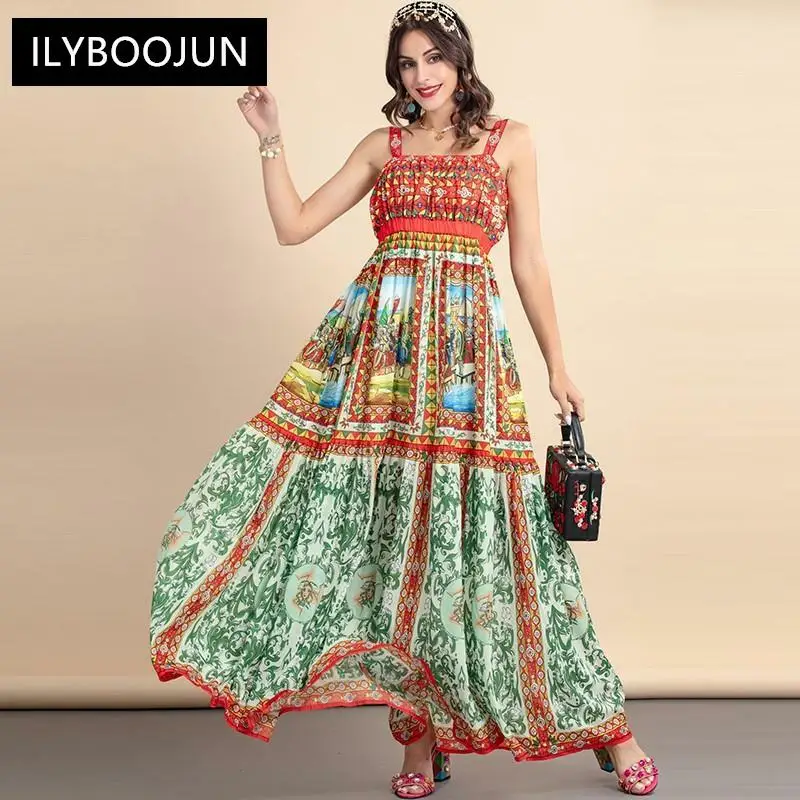 

Fashion Designer Summer Spaghetti Strap Maxi Dress Women's Vintage Warrior Totem Print Vacation Long Dress