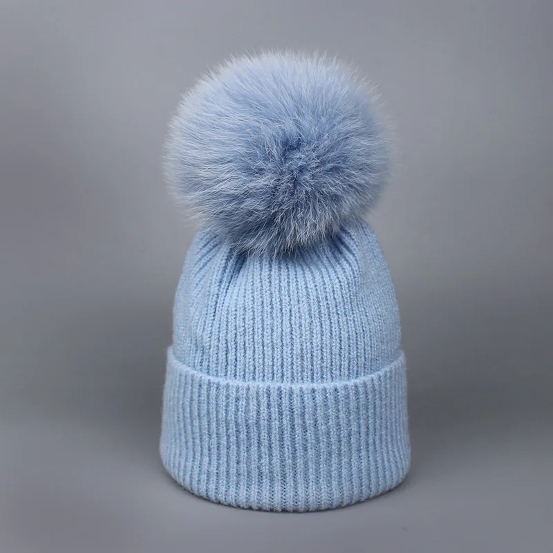 Parent-child Wool Knitted Scarf Hat Set With Real Fox Fur Pompons Women Girls Winter Warm Thick Crochet Hat Scarf 2 Pieces Sets - Color: L