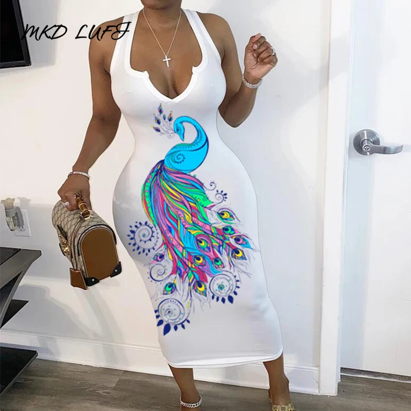 Женские облегающие платья без рукавов с принтом павлина пикантные обтягивающие