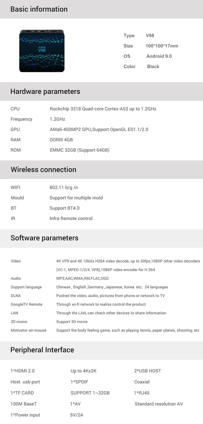 ТВ-приставка V98 Android 9,0, 4 Гб ОЗУ, 32 Гб ПЗУ, 2,4 ГБ, WiFi, смарт-медиаплеер RK3318, четыре ядра, 2 ГБ, 16 ГБ, H.265, 4 K, HDR, USB 3,0, телеприставка