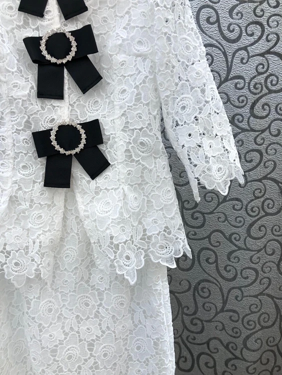 

Quality Women's Top Set 2021 Spring Summer Lace Skirt Suit Women Beading Bow Deco Lace Tops+Lace Pencil Skirt Sets 2 Piece Suit