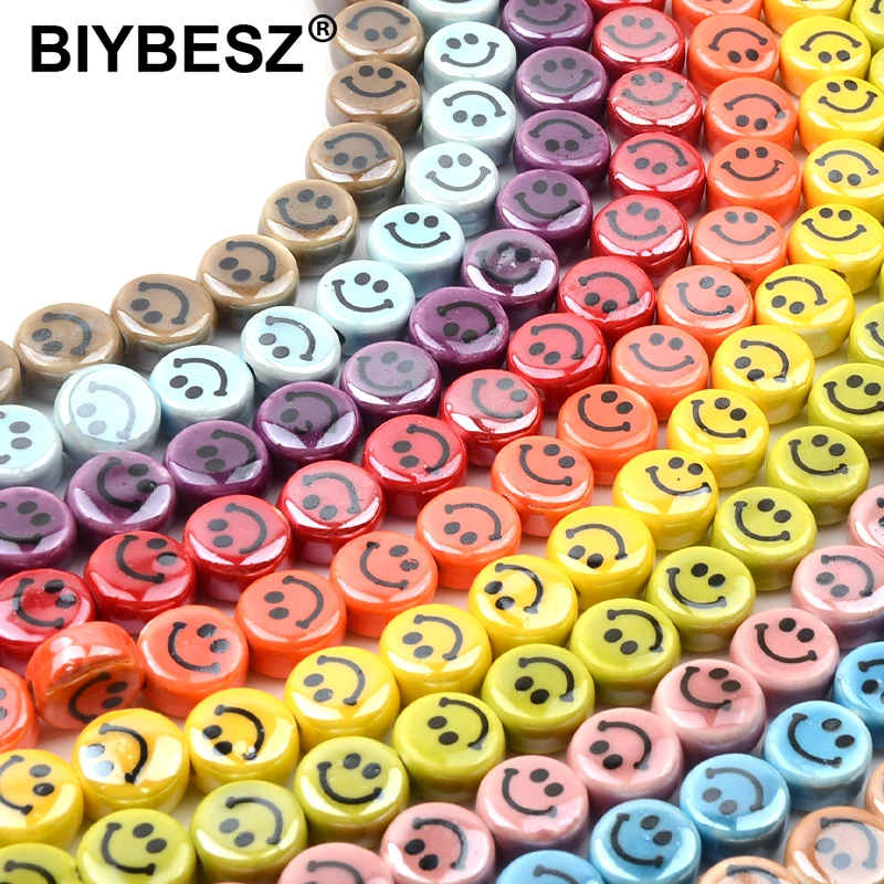 

10/20/30 шт. разноцветные плоские круглые керамические бусины, фарфоровые смайлики, бусины россыпью для изготовления ювелирных изделий, брасле...