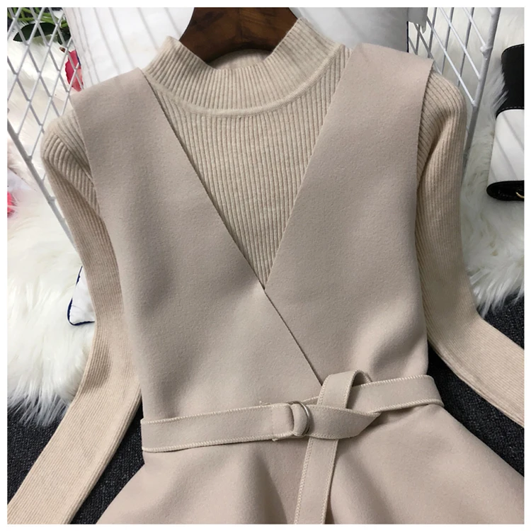 ALPHALMODA осень НОВАЯ Трикотажная нижняя рубашка+ жилет модный костюм из двух частей женский жилет с v-образным вырезом и поясом+ свитер с длинными рукавами