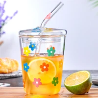 summer drinking cup high borosilicate glass colorful flower coffee mug with straw and lid creative transparent glass water cup