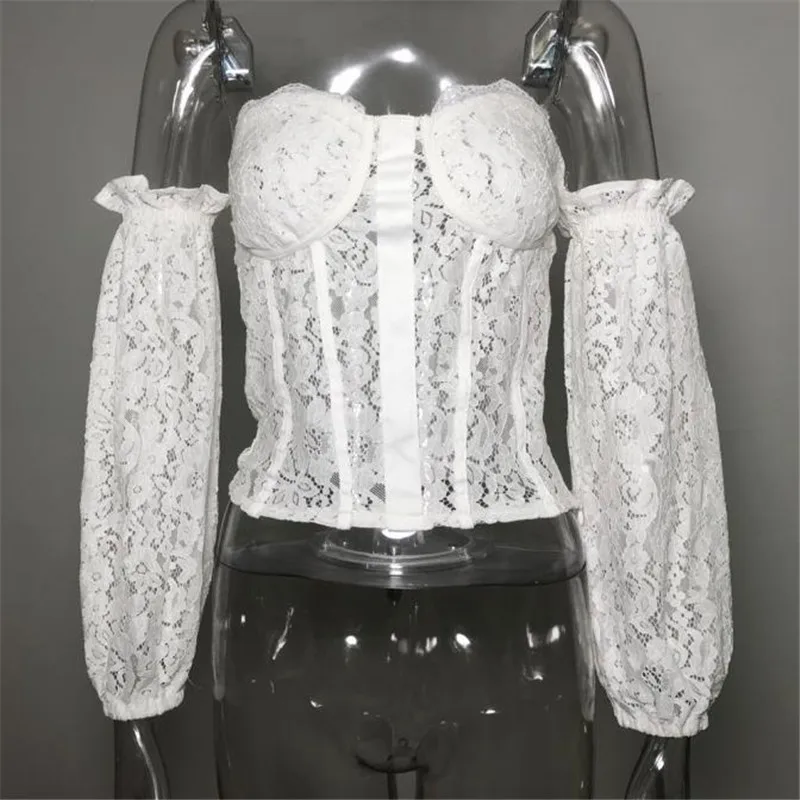 

Women Sexy Off Shoulder Lace Floral Tshirts Long Lantern Sleeves Tees Sexy White/Black Party Clubwear Casual Flower Hollow Tops