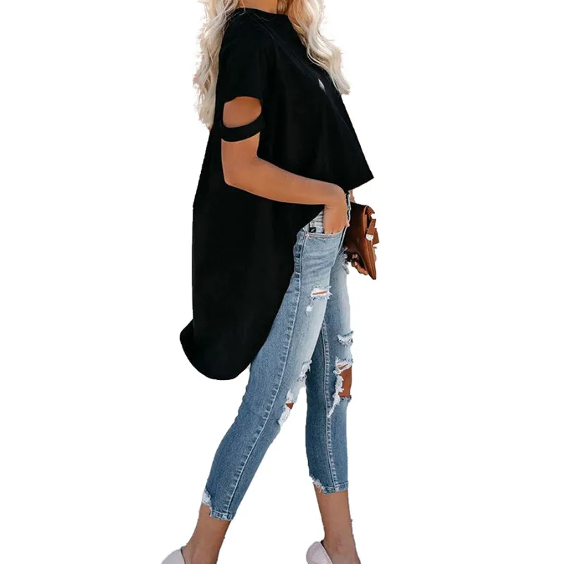 Женская модная свободная футболка однотонного цвета с круглым вырезом и