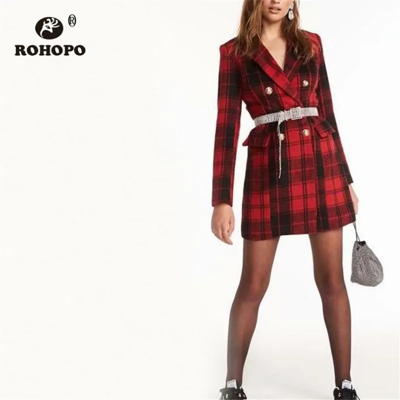 ROHOPO двойная грудь золотистые металлические пуговицы клетчатый красный смесь