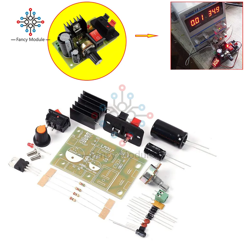 LM317 понижающий модуль питания регулируемый регулятор напряжения переключатель сбрасываемый предохранитель электролитический конденсатор доска DIY Kit
