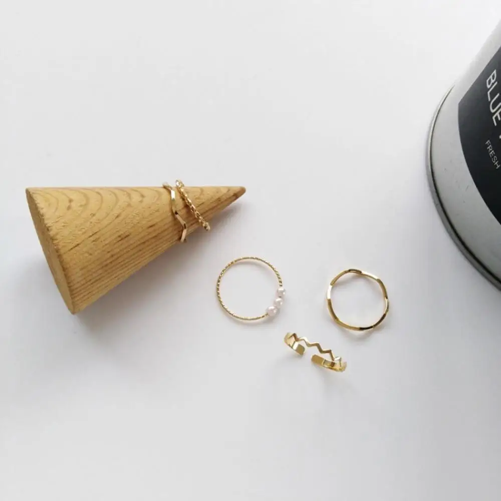 Adjustable 5PCS/Set Fashion Minimalist Style Personality Gold Geometric Wave Opening Rings Circle Pearl Set For Women | Украшения и