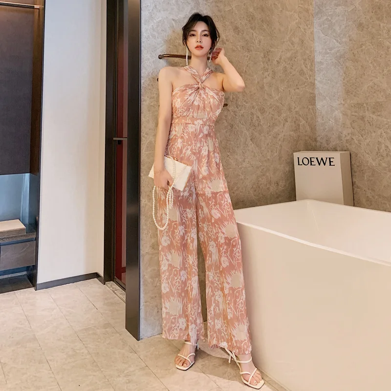 Summer Sexy Women Print Chiffon Jumpsuit Party Halter Catsuit Overalls Bodysuit Club Pants Casual Playsuits Elegant Long Rompers