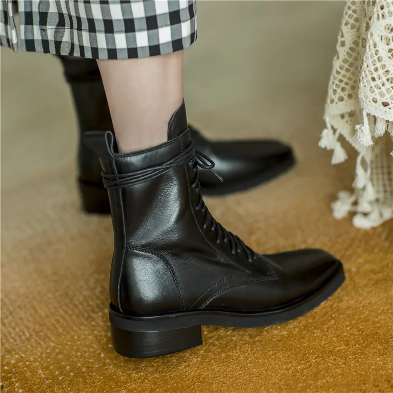 

ANNYMOLI Motorcycle Boots Women Shoes Real Leather Mid Heel Short Boots Square Toe Thick Heels Lace Up Zip Ankle Boots Black 42