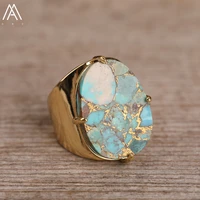 natural gold line turquoises flash labradorite stone ring for women oval beads statement ring fashio jewelry gift dropship