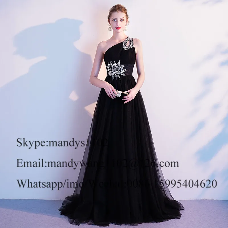

Shining Beading Black Prom Dresses Long Sexy One Shoulder Dress Evening Gowns Cheap Plus Size vestidos de graduacion largos 2019
