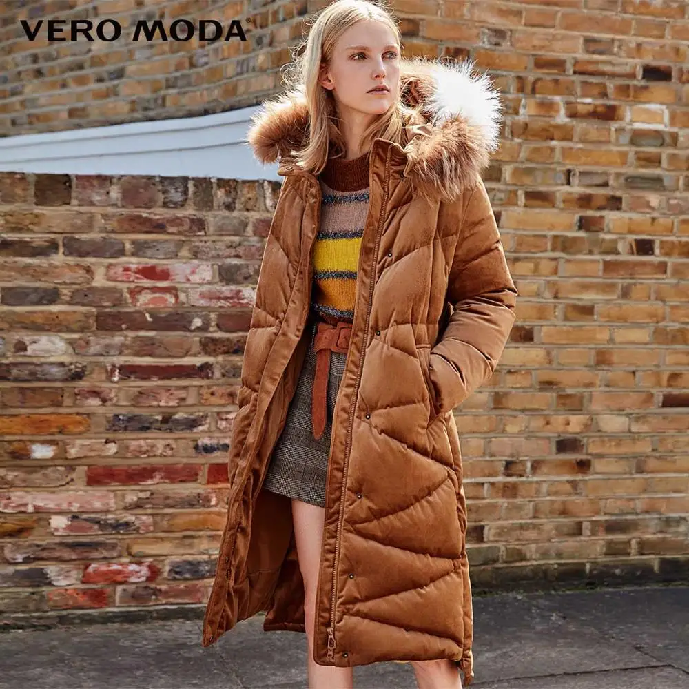 Vero Moda женский контрастный длинный толстый пуховик с капюшоном из меха енота | 318312508 - Цвет: Caramel camel s