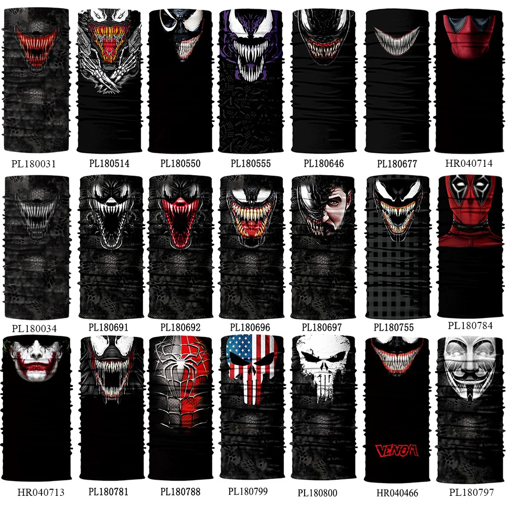 

3D Venom Masks Bandana Headband Punisher Neck Gaiter Face Shield Anonymous Tube Buffs Cycling Scarfs Bicycle Bandanas Men 10PCS