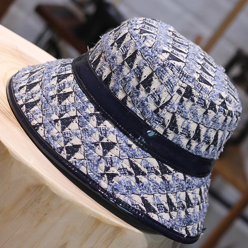 Designer Brand Women Tweed Fisherman Hat Autumn Plaid PU Leather Edging Bucket Hat Black Winter Houndstooth Ladies Basin Cap