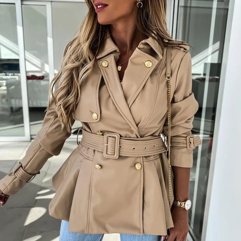 

CP Turn Down Collar High Imitation Leather Coats Women Vogue Solid PU Jackets Women Elegant Buttons Coats Female Ladies