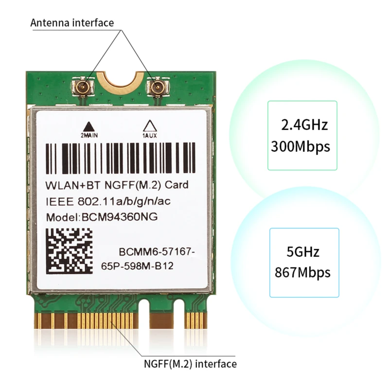 Адаптер Wi Fi Hackintosh MacOS BCM94360NG 1200 Мбит/с Bluetooth 4 0 802.11AC 2 4G/5 ГГц|Сетевые карты| |