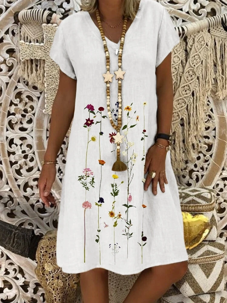Повседневное платье средней длины с цветочным принтом и v образным вырезом