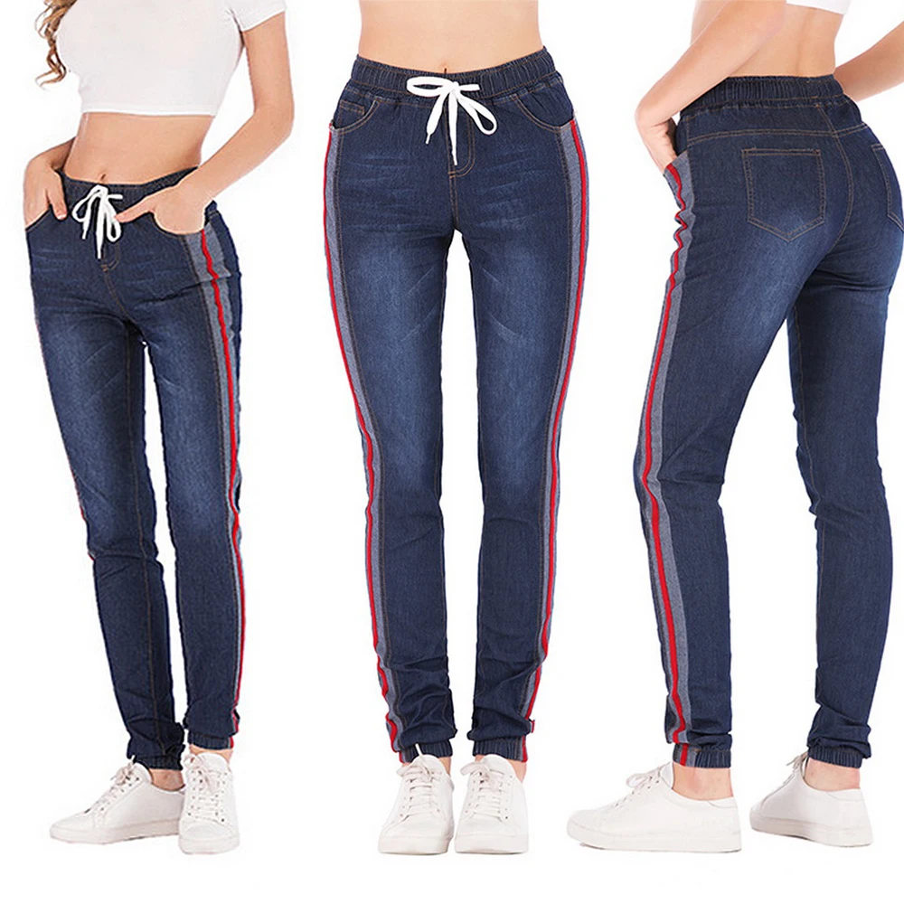 Женские Модные эластичные джинсы женские повседневные укороченные на завязках