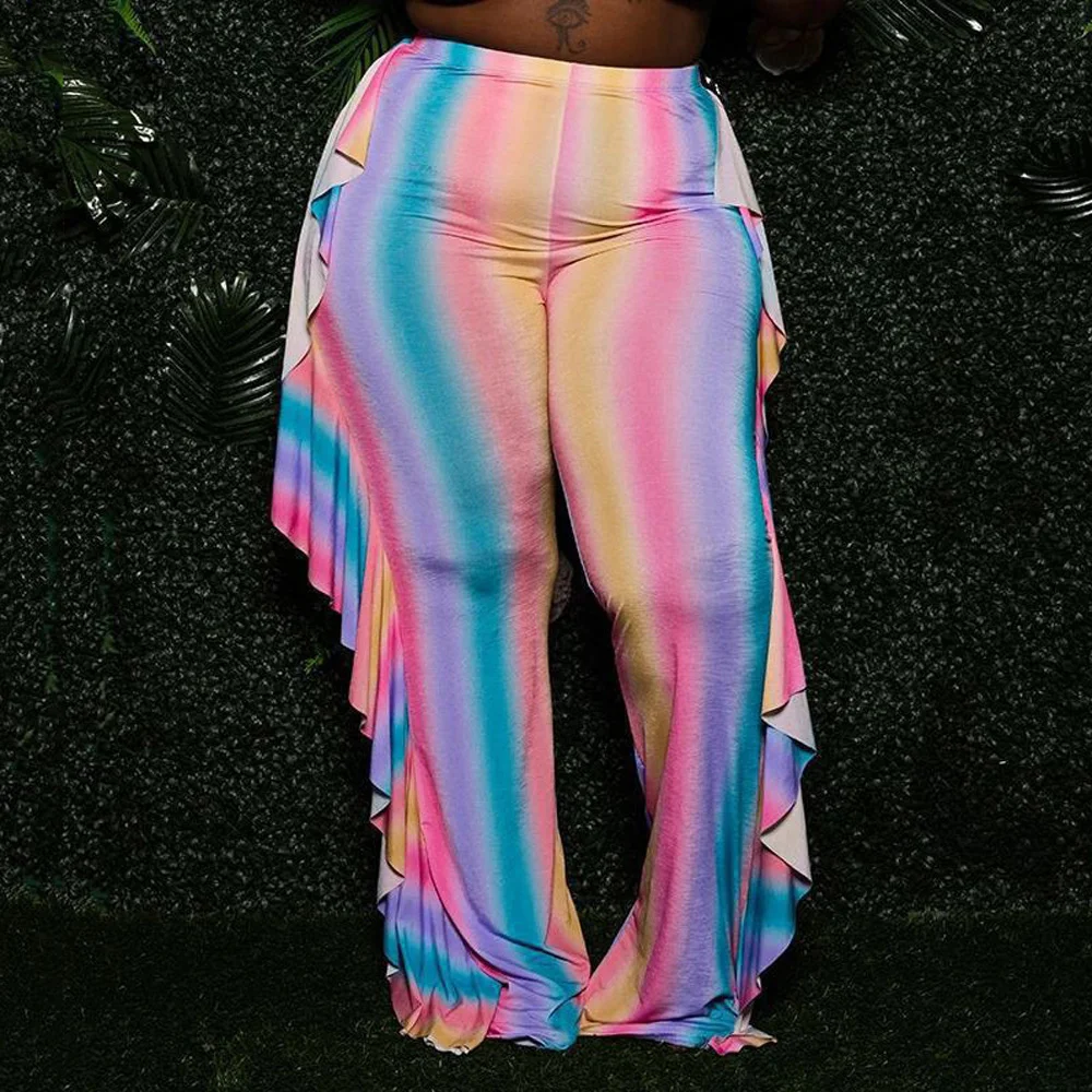 

4XL Plus Size Pants For Women Fat Large Rainbow Print High Waist Ruffles Elegant Evening Night Party Club Wear Trousers Pants