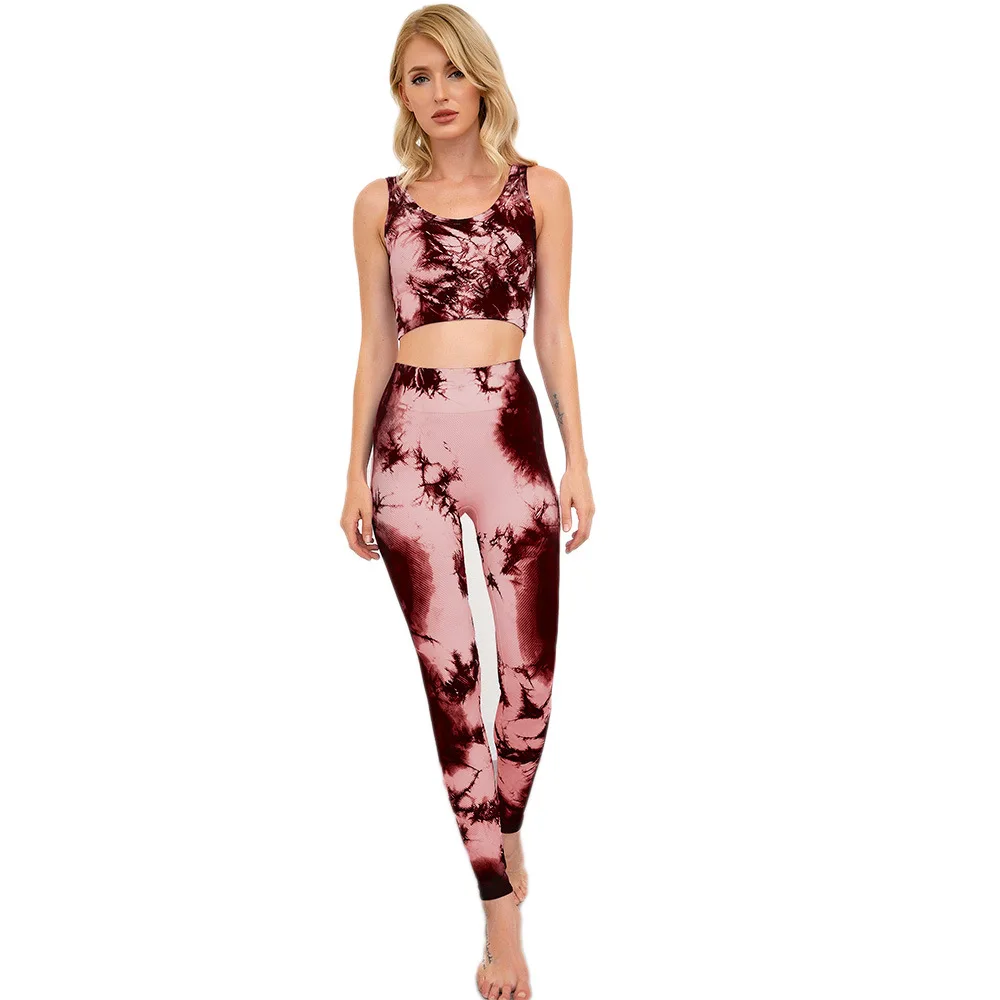 

Women Seamless Yoga Sets Tie Dye Print Sports Sets 2pcs Padded Up Bra and High Waisted Yoga Pants Fitness Gym Clothing