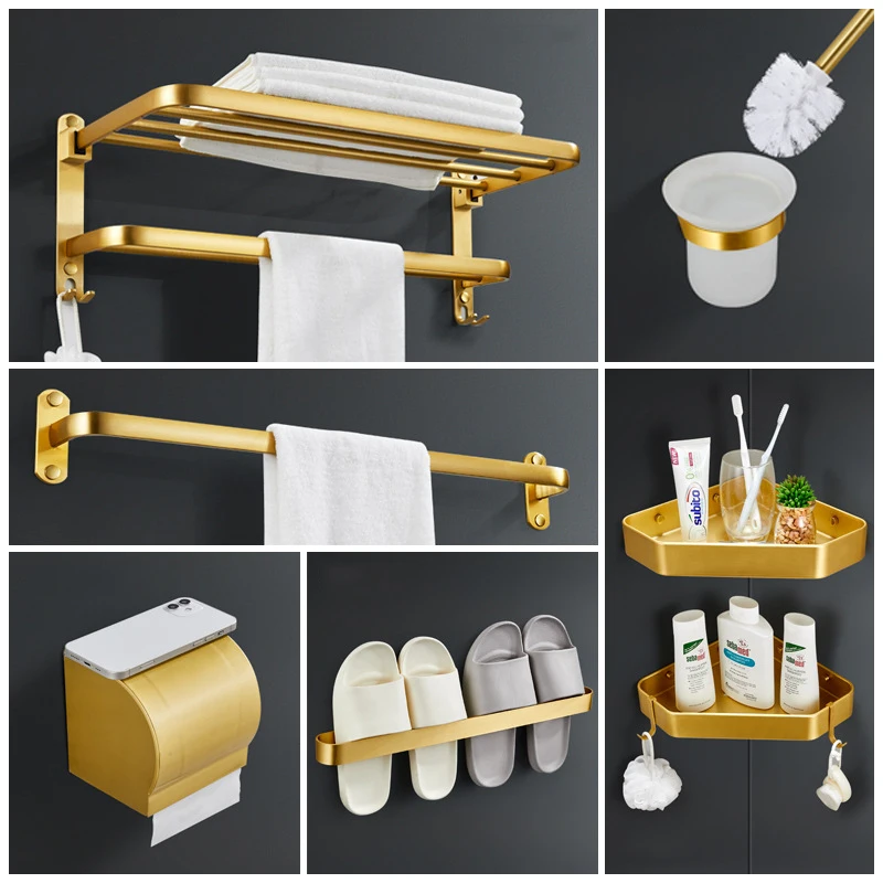 

2021 New Gold Brushed Bathroom Accessories Hardware Set Towel Bar Rail Toilet Paper Holder Towel Rack Hook Soap Dish ToiletBrush