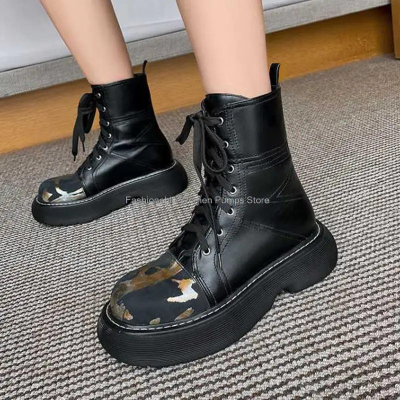 

Genuine Leather Women Boots Printed Round Toe Martin boots women's 2021 new short Ankle boots Female Trend Autumn Winter Boots