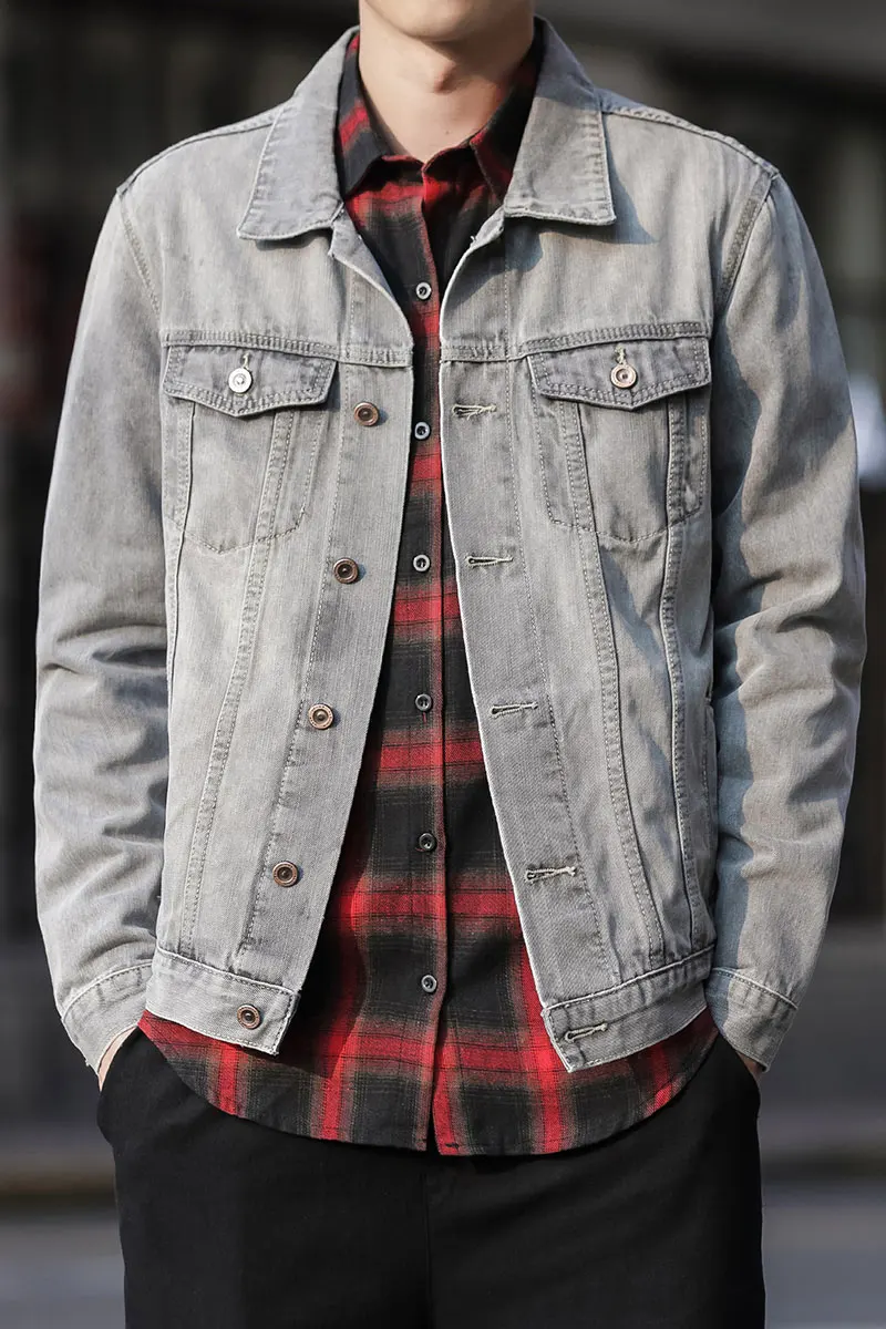 Мужская Осенняя однобортная куртка-бомбер черная серая синяя джинсовая куртка