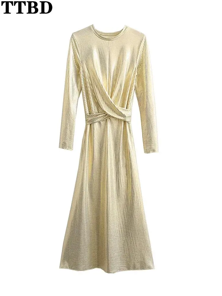 

TTBD Women chic fashion with knot golden bronzing midi dress vintage long sleeve female dresses vestidos mujer robes de soirée