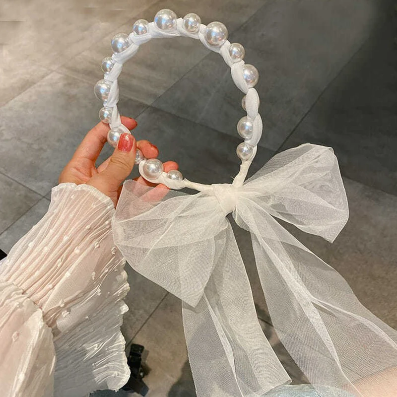 

Retro Palace Style Lace Pearl Tie Bow Hair Band Streamer Headband Fairy Hairband Headwear Hair Accessories