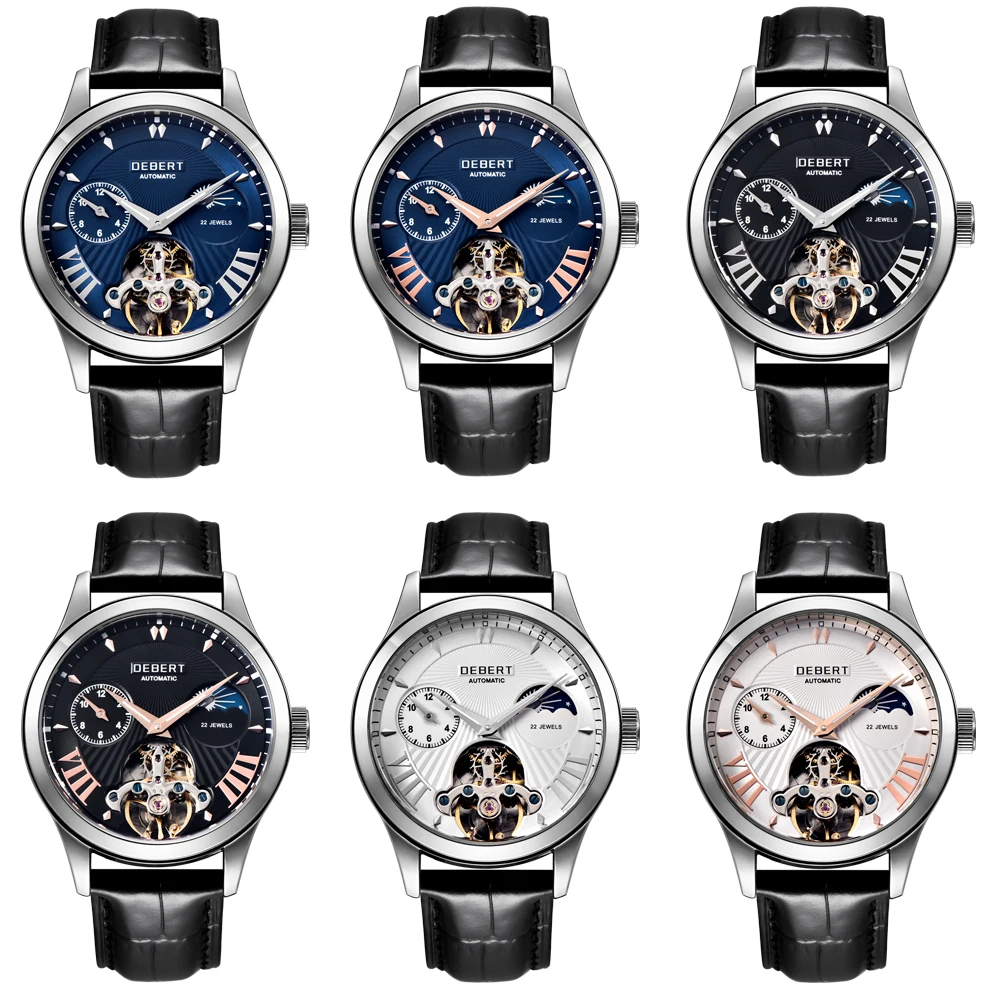 Чехол из сплава с белым циферблатом и золотыми стрелками deber 41 мм Moon Phase Tourbillon 22