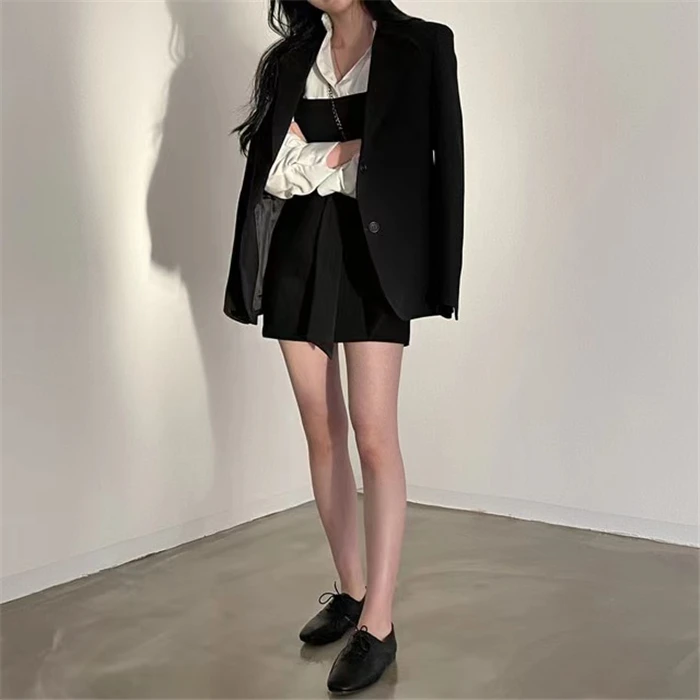 

2021 Spring Summer Two Piece Sets Long Sleeve Blazer Coat and High Waist Suspender Mini Dress 2 Piece Outfits Casual Suits