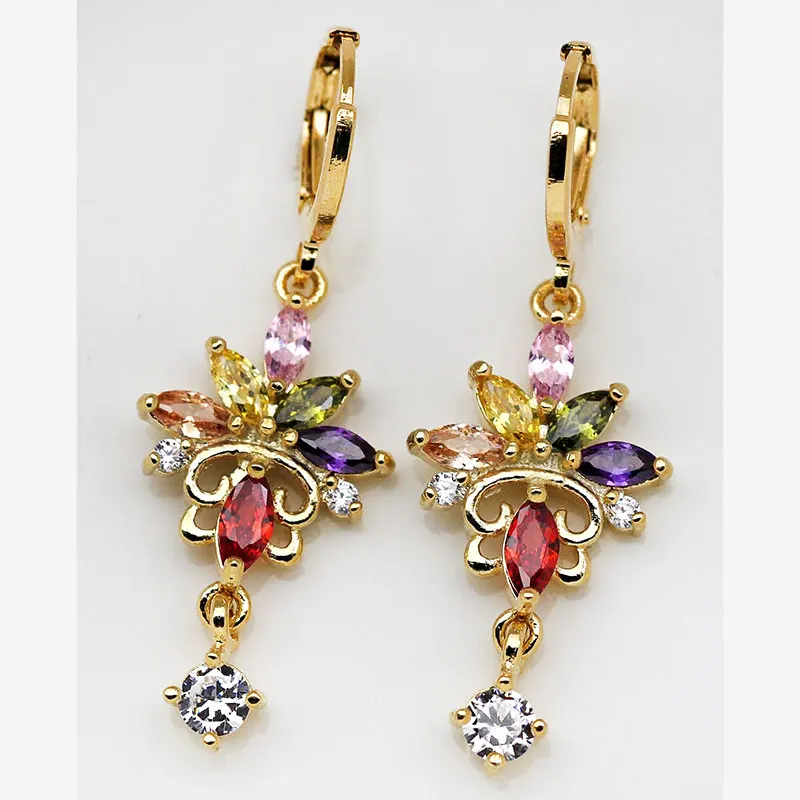 Indian Jewelry Women Dangle Earrings Vocation Bohemia Style Multiple-color Zircon Flower Gold OBS1123 | Украшения и аксессуары