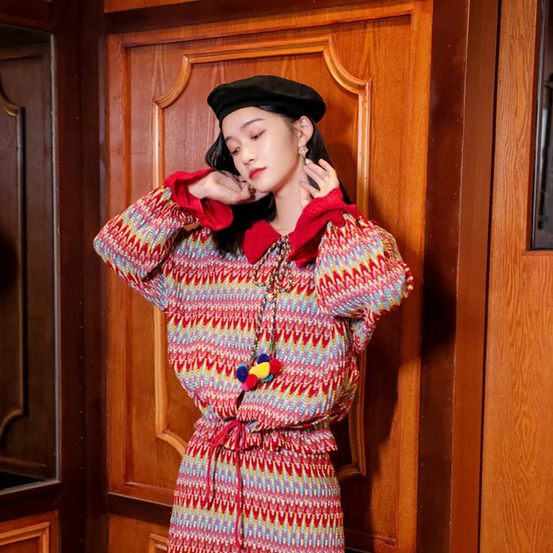 Ретро свободный богемный Национальный свитер с геометрическим узором свободные