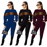 leopard print suit for women 2020 autumn hot selling patchwork long sleeve round neck top trousers fashion casual 2 piece set