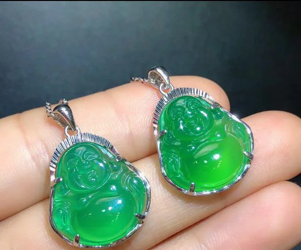 Ожерелье из серебра 925 пробы с натуральным зеленым кулоном Будды Женское нефрита