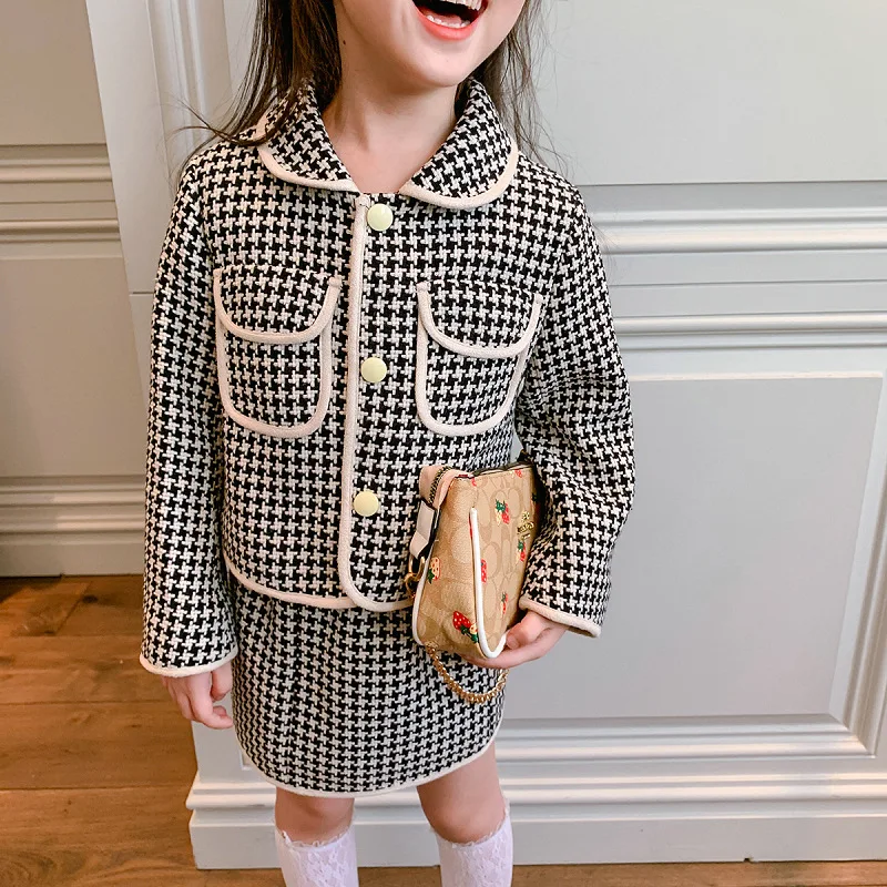 

2PCS WLG Girls Clothes Kids Boutique Outfits Fall Plaid Coat and Skirt Set Baby Girl Fashion All Match Clothing Set for 2-6T