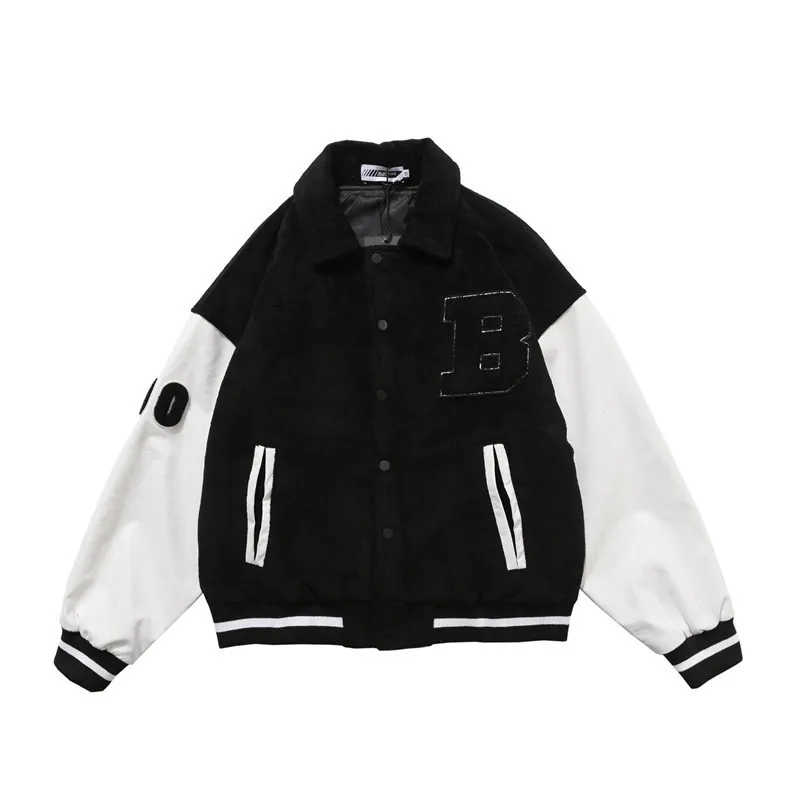 

Street Hipster Hip Hop Cartoon Polar Bear Embroidery Baseball Jacket Unisex Hit Color Patchwork Woolen Coats Loose Tops Women