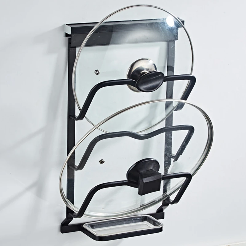 

Pot Lid Organizer Rack,Wall Mount Punch-Free Aluminum Pot Cover Holder with 3 Layer Holding,Storage Rack Tools