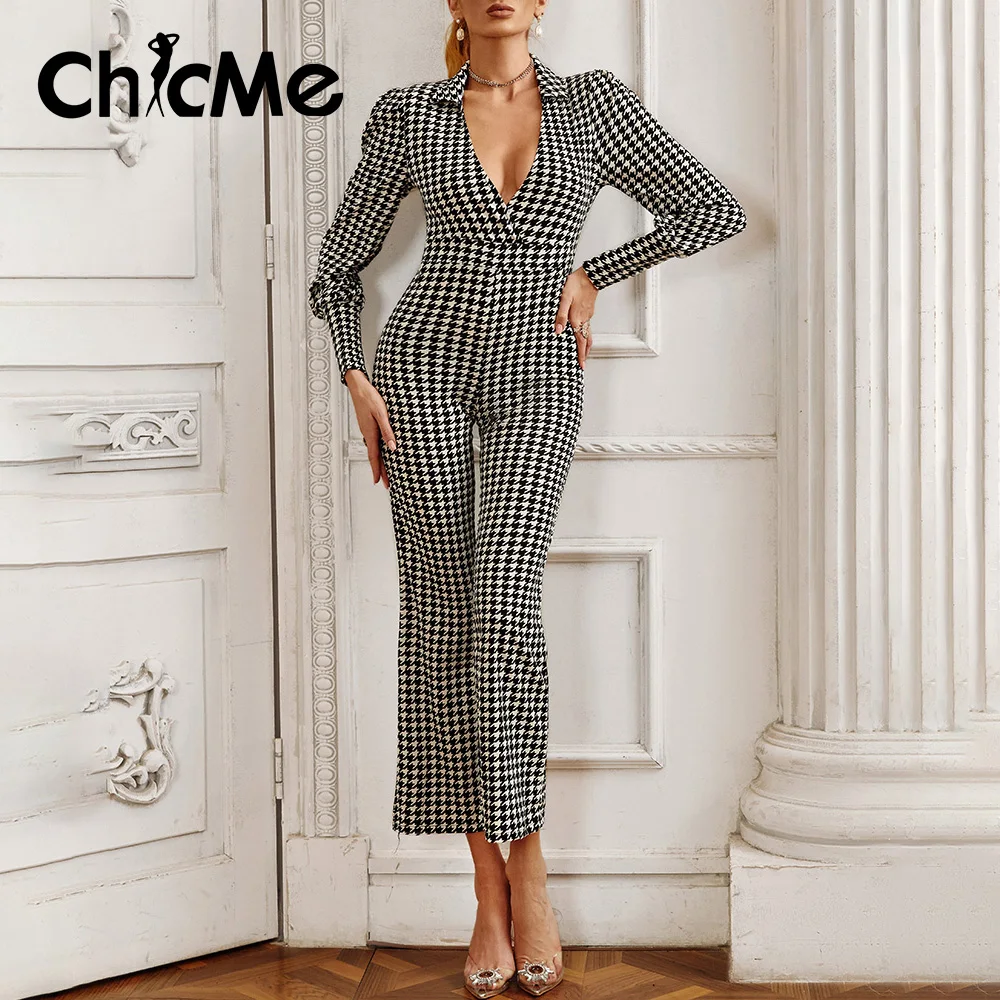 

Chicme Houndstooth Print Lantern Sleeve Straight Leg Jumpsuit For Office Women Formal Bodycon Deep V Neck Workwear