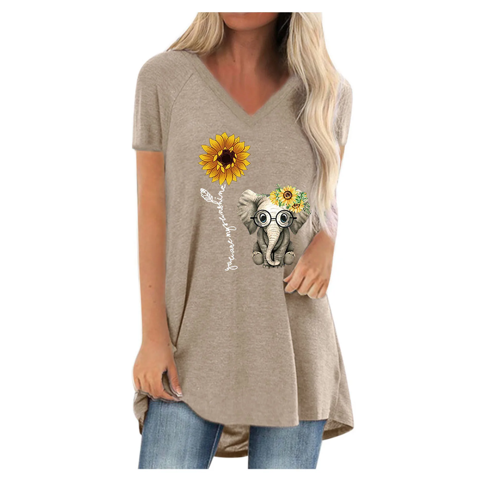 

Women's Solid T-Shirt Summer Plus Size Long Tee Shirt Top Women V Neck Short Sleeve Long Casual Women Loose T-Shirt Femme