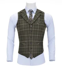 Men's Vests Tweed Mens Business Plaid Wool Army Green Vest Slim Fit Single-breasted Cotton Suit Waistcoat For Wedding Groomsmen (3)