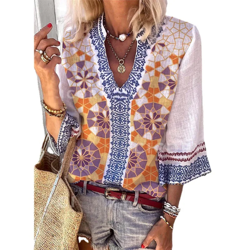 

2021 summer new style three-quarter sleeves V-neck digital printing casual loose shirt top for women